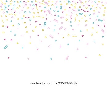 Memphis style geometric confetti vector background with triangle, circle, square shapes, zigzag and wavy line ribbons. Small 80s style memphis pink blue yellow confetti falling scatter on white.