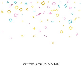 Memphis style geometric confetti vector background with triangle, circle, square shapes, chevron and wavy line ribbons. Festive 80s style bauhaus pink cyan yellow confetti flying scatter on white.