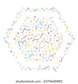 Memphis style geometric confetti vector background with triangle, circle, square shapes, chevron and wavy line ribbons. Small 90s style bauhaus pink cyan gold confetti flying scatter on white.