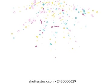 Memphis style geometric confetti vector background with triangle, circle, square shapes, zigzag and wavy line ribbons. Retro 80s style bauhaus pink cyan yellow confetti falling scatter on white.