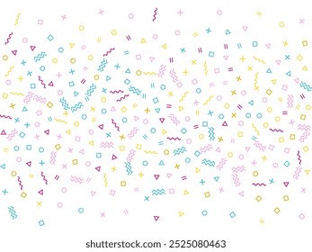 Memphis style geometric confetti vector background with triangle, circle, square shapes, zigzag and wavy line ribbons. Digital 90s style memphis pink blue gold party confetti falling on white.