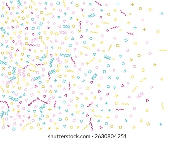 Memphis style geometric confetti vector background with triangle, circle, square shapes, chevron and wavy line ribbons. Retro 90s style bauhaus pink blue gold decor confetti flying on white.