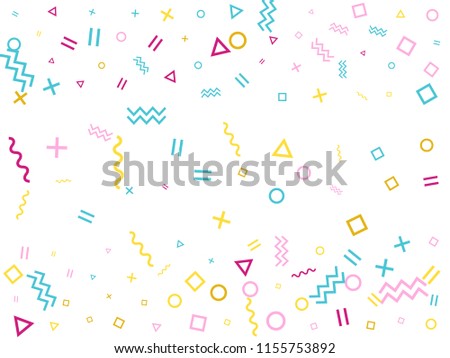Memphis style geometric confetti vector background with triangle, circle, square shapes, chevron and wavy line ribbons. Cool 90s style bauhaus pink cyan yellow party confetti falling on white.