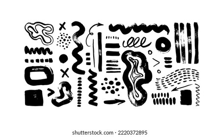 Memphis style geometric elements isolated on white background. Different black brush strokes and geometric shapes. Brush drawn abstract shapes, grunge dots, curls, lines. Funky freehand elements.