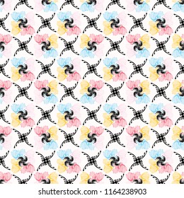 Memphis Style Geometric Flower Seamless Vector Pattern, Stylized Drawn Graphic Illustration for On Trend Fashion Print, Retro Stationery, Graphic Home Decor, Gift Wrap, Blog Backgrounds, Wallpaper