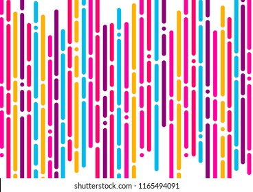 Memphis style geometric pattern. Colorful apstract background with lines, circles, squares and copy space. Vector Illustration.