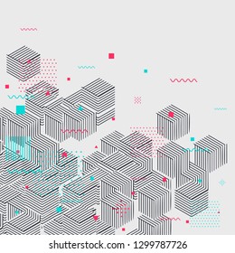 Memphis style geometric pattern with different geometric forms. Vector illustration with striped figure and abstract geometric elements.