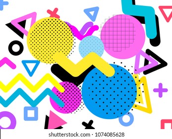 Memphis style geometric pattern, line elements and geometric figures. Design backgrounds for invitation, brochure. - vector illustration