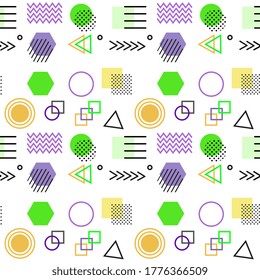 Memphis style with geometric pattern, vector illustration with geometric figures. Trendy seamless pattern