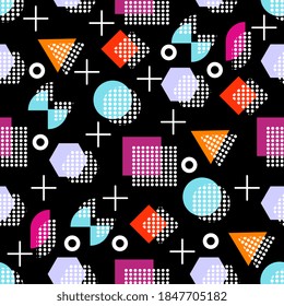 Memphis style with geometric pattern, vector illustration with geometric figures. Trendy seamless pattern