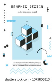 Memphis style geometric poster with cubes chevron patterned lines asterisks in blue black and text vector illustration