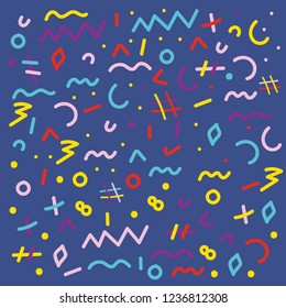 Memphis Style Geometric Seamless Pattern. Set of Abstract Pattern with Lines, Circles and Squares. Vector Illustration. Good neon trendy colors.