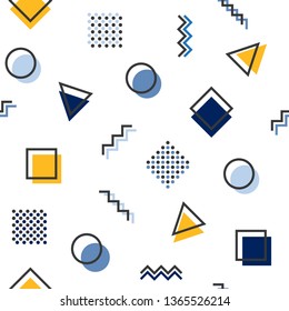 Memphis style geometric seamless pattern with yellow and blue shapes and lines. Retro vintage repeating texture.