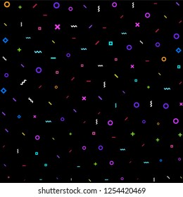 Memphis style geometric seamless textures. Colorful blurry thin line simle spattered icons. Uneven neon colored seamless pattern for print template and web design. Isolated vector on black background.