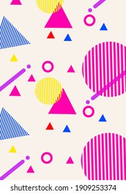 Memphis style with geometric shapes and patterns, Collection of templates in 80-90s trendy fashion. Perfect for cover designs, advertisements, posters, books, greeting cards. Vector.