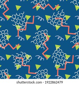 Geometrische Formen im Memphis-Stil, Vektorgrafik abstrakter, nahtloser Musterhintergrund. Farbige Wellenblöcke, Dreiecke, Zickzack und gewellte Linien auf marinebasischem Hintergrund. Scribbler-Unterhaltung wiederholen für Sommerstrand-Konzept