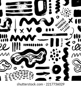 Memphis style geometric vector seamless pattern. Different brush strokes and geometric shapes. Brush drawn abstract background with grunge dots, curls, lines. Funky freehand elements.