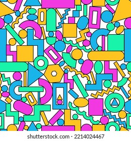 Geometrische Geometrie im Memphis-Stil, nahtlose Muster-Bildschirmhintergrund. Vektor handgezeichnet doodle 90er Stil Cartoon-Zeichentrickgrafik. 80er, 70er Jahre Abstrakte Geometrie-Memphis nahtloser Musterdruck