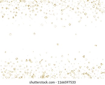 Memphis style gold geometric confetti vector background with triangle, circle, square shapes, zigzag and wavy line ribbons. Shining 90s style memphis gold sparkle confetti flying on white.