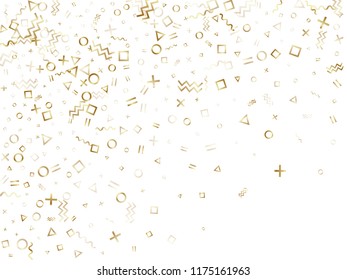 Memphis style gold geometric confetti vector background with triangle, circle, square shapes, zigzag and wavy line ribbons. Retro 80s style memphis gold tinsel confetti flying on white.