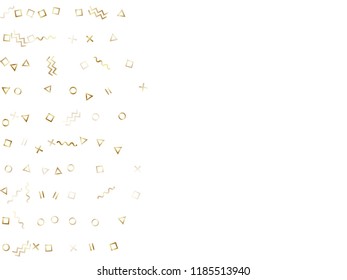 Memphis style gold geometric confetti vector background with triangle, circle, square shapes, zigzag and wavy line ribbons. Glossy 80s style bauhaus gold yellow confetti flying scatter on white.
