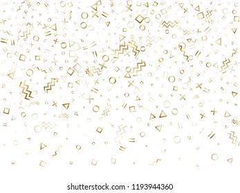 Memphis style gold geometric confetti vector background with triangle, circle, square shapes, chevron and wavy line ribbons. Hipster 80s style memphis gold tinsel confetti falling on white.