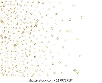 Memphis style gold geometric confetti vector background with triangle, circle, square shapes, chevron and wavy line ribbons. Festive 80s style bauhaus gold confetti flying scatter on white.