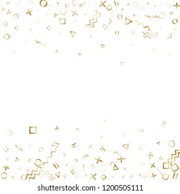 Memphis style gold geometric confetti vector background with triangle, circle, square shapes, chevron and wavy line ribbons. Small 90s style bauhaus gold confetti falling scatter on white.