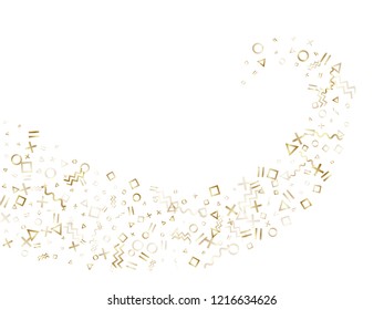 Memphis style gold geometric confetti vector background with triangle, circle, square shapes, chevron and wavy line ribbons. Glittering 80s style memphis gold yellow decor confetti flying on white.