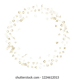 Memphis style gold geometric confetti vector background with triangle, circle, square shapes, chevron and wavy line ribbons. Modern 80s style bauhaus gold sparkle confetti falling on white.