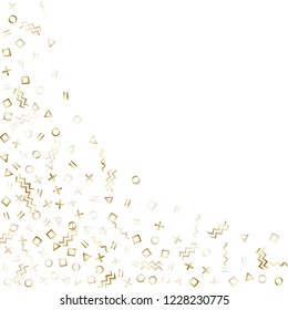 Memphis style gold geometric confetti vector background with triangle, circle, square shapes, chevron and wavy line ribbons. Tinsel 80s style bauhaus gold yellow decor confetti falling on white.
