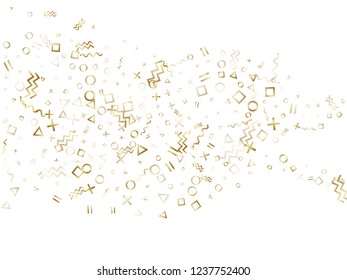 Memphis style gold geometric confetti vector background with triangle, circle, square shapes, chevron and wavy line ribbons. Small 80s style bauhaus gold yellow sparkle confetti flying on white.