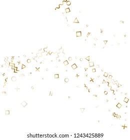 Memphis style gold geometric confetti vector background with triangle, circle, square shapes, chevron and wavy line ribbons. Simple 80s style memphis gold sparkle confetti flying on white.