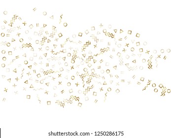 Memphis style gold geometric confetti vector background with triangle, circle, square shapes, chevron and wavy line ribbons. Luxury 90s style memphis gold yellow confetti falling scatter on white.