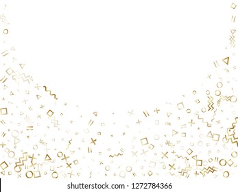 Memphis style gold geometric confetti vector background with triangle, circle, square shapes, zigzag and wavy line ribbons. Glowing 90s style memphis gold yellow decor confetti flying on white.