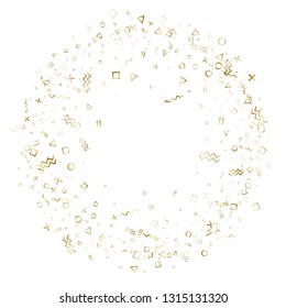 Memphis style gold geometric confetti vector background with triangle, circle, square shapes, chevron and wavy line ribbons. Magic 90s style memphis gold decor confetti flying on white.
