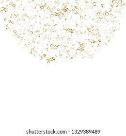 Memphis style gold geometric confetti vector background with triangle, circle, square shapes, zigzag and wavy line ribbons. Simple 80s style bauhaus gold decor confetti flying on white.