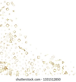 Memphis style gold geometric confetti vector background with triangle, circle, square shapes, zigzag and wavy line ribbons. Simple 90s style bauhaus gold party confetti flying on white.