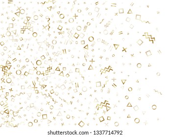 Memphis style gold geometric confetti vector background with triangle, circle, square shapes, chevron and wavy line ribbons. Festive 90s style memphis gold decor confetti falling on white.