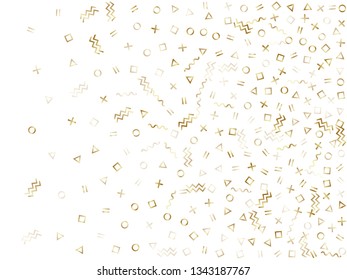 Memphis style gold geometric confetti vector background with triangle, circle, square shapes, zigzag and wavy line ribbons. Digital 90s style bauhaus gold yellow decor confetti flying on white.