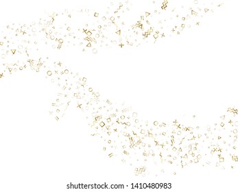 Memphis style gold geometric confetti vector background with triangle, circle, square shapes, zigzag and wavy line ribbons. Shiny 80s style bauhaus gold sparkle confetti flying on white.