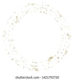 Memphis style gold geometric confetti vector background with triangle, circle, square shapes, zigzag and wavy line ribbons. Mix 80s style memphis gold yellow party confetti flying on white.
