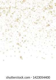 Memphis style gold geometric confetti vector background with triangle, circle, square shapes, zigzag and wavy line ribbons. Magic 90s style memphis gold yellow party confetti flying on white.