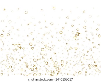 Memphis style gold geometric confetti vector background with triangle, circle, square shapes, chevron and wavy line ribbons. Simple 90s style memphis gold yellow tinsel confetti falling on white.