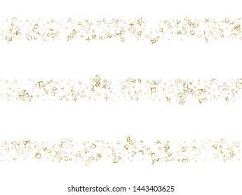 Memphis style gold geometric confetti vector background with triangle, circle, square shapes, zigzag and wavy line ribbons. Festive 90s style memphis gold yellow sparkle confetti flying on white.