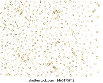 Memphis style gold geometric confetti vector background with triangle, circle, square shapes, zigzag and wavy line ribbons. Small 90s style bauhaus gold party confetti falling on white.