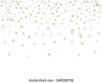 Memphis style gold geometric confetti vector background with triangle, circle, square shapes, chevron and wavy line ribbons. Trendy 90s style bauhaus gold sparkle confetti falling on white.