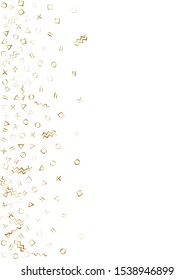 Memphis style gold geometric confetti vector background with triangle, circle, square shapes, chevron and wavy line ribbons. Glowing 90s style bauhaus gold yellow party confetti falling on white.