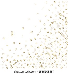 Memphis style gold geometric confetti vector background with triangle, circle, square shapes, zigzag and wavy line ribbons. Flat 80s style bauhaus gold tinsel confetti falling on white.