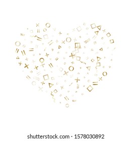 Memphis style gold geometric confetti vector background with triangle, circle, square shapes, zigzag and wavy line ribbons. Shiny 90s style memphis gold confetti falling scatter on white.